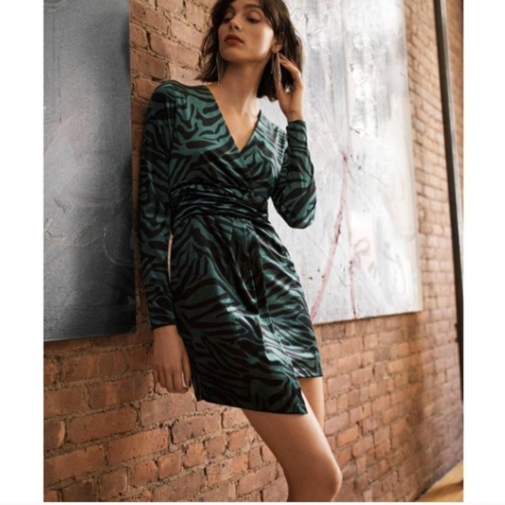 LINI Natalie Emerald black Zebra Print Velvet Faux Wrap Mini Dress